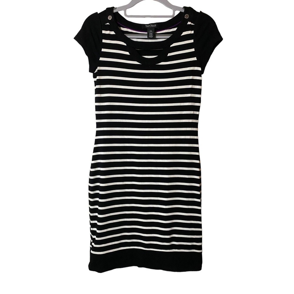 WHBM Dress Womens Floral White‎ Black Striped Cap Sleeve V-Neck Knee Length XXS